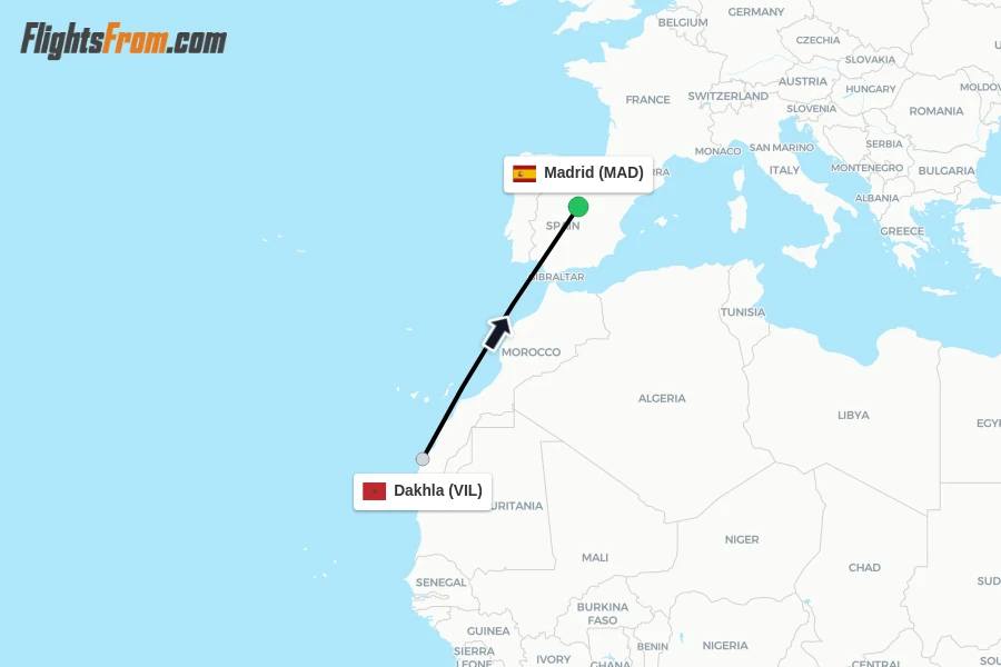 Flights from Dakhla to Madrid route map