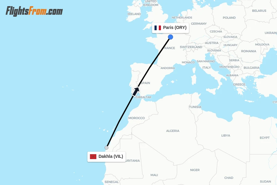 Flights from Dakhla to Paris route map