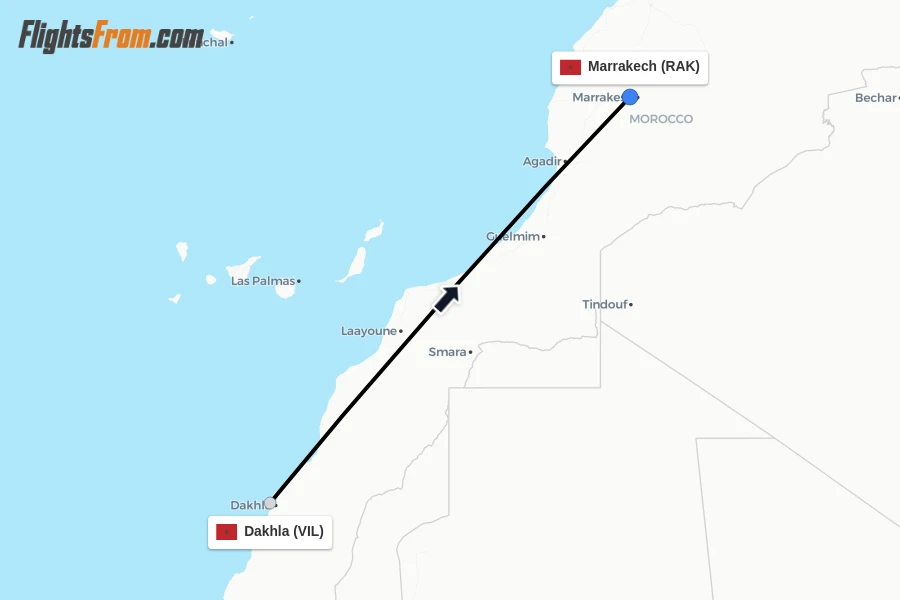 Flights from Dakhla to Marrakech route map