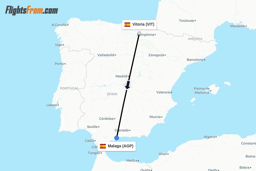 Flights from Vitoria to Malaga route map