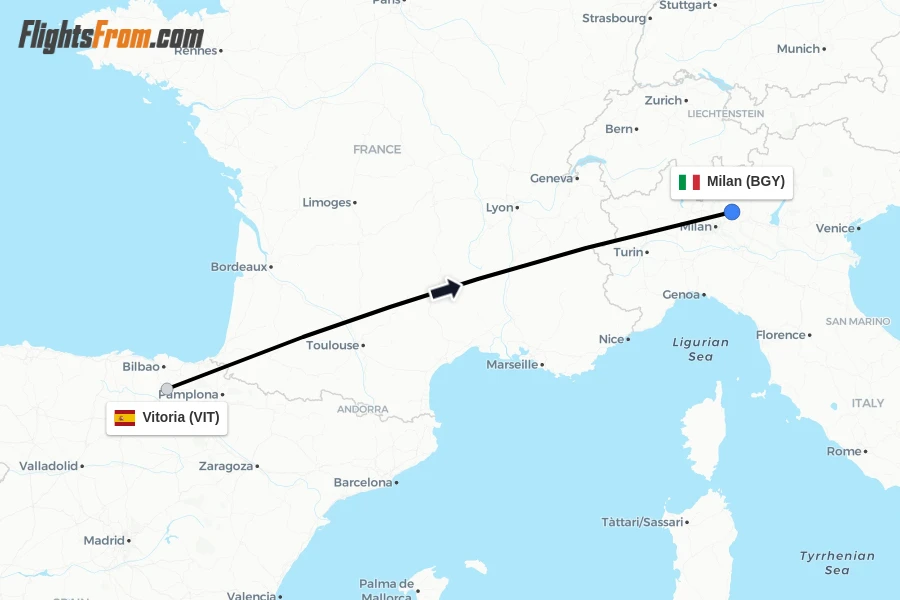 Flights from Vitoria to Milan route map