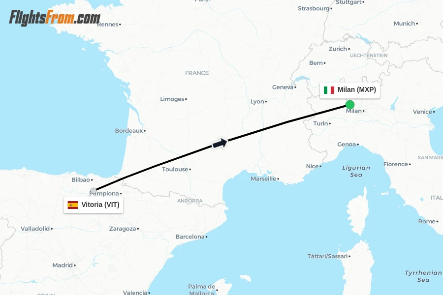 Flights from Vitoria to Milan route map