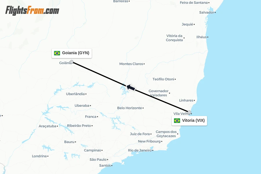 Flights from Vitoria to Goiania route map