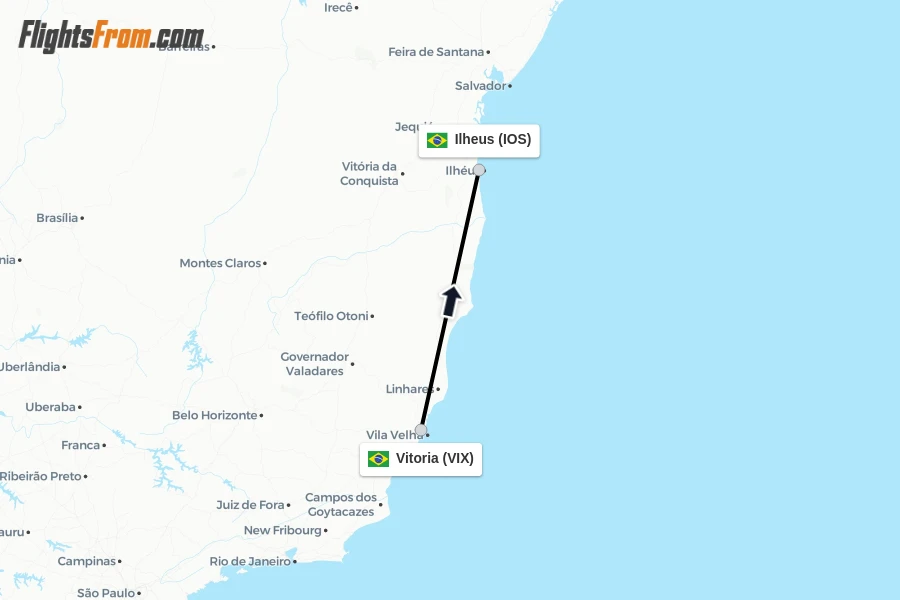 Flights from Vitoria to Ilheus route map