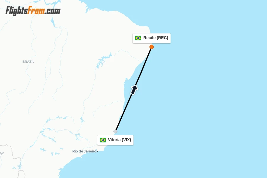Flights from Vitoria to Recife route map