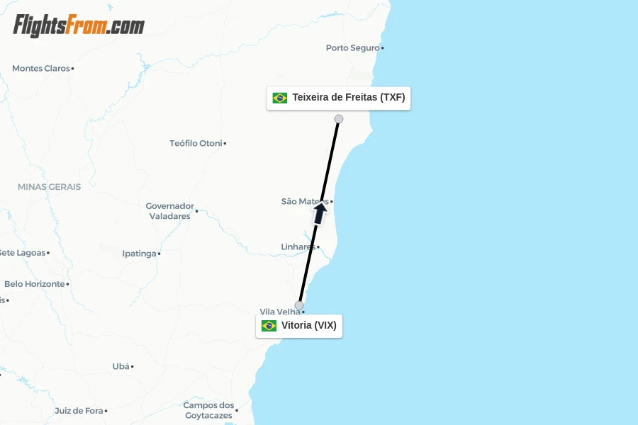 Flights from Vitoria to Teixeira de Freitas route map