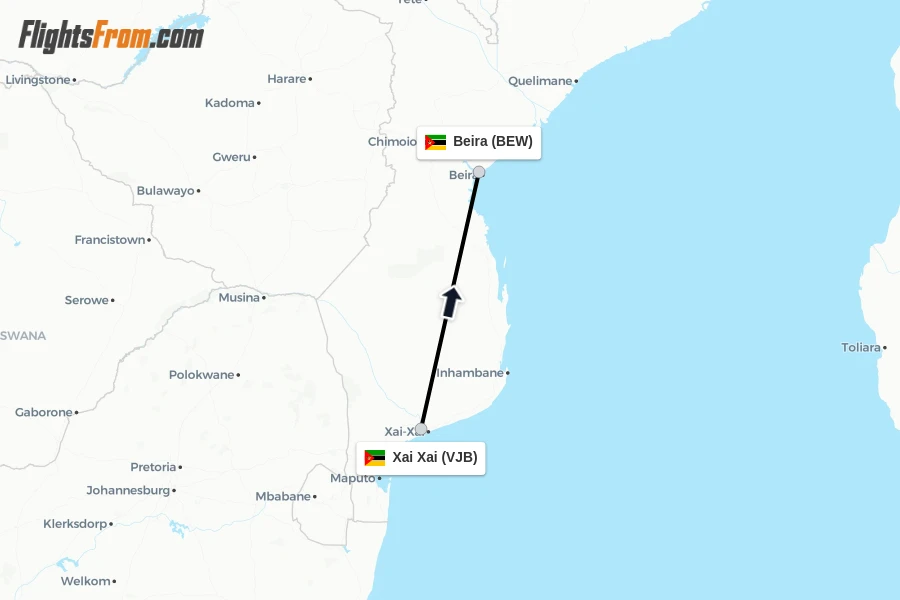 Flights from Xai Xai to Beira route map