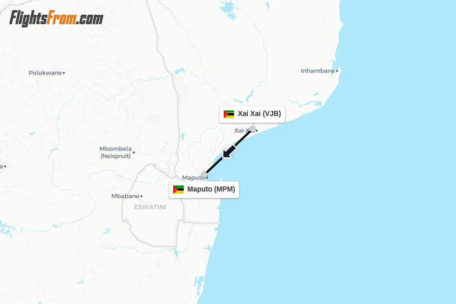 Flights from Xai Xai to Maputo route map