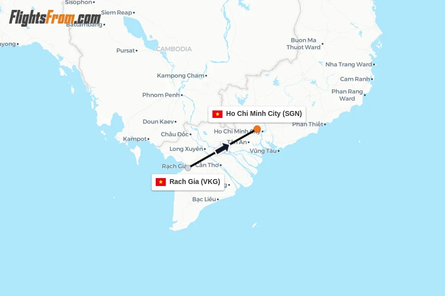 Flights from Rach Gia to Ho Chi Minh City route map