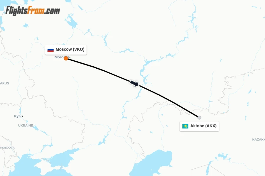 Flights from Moscow to Aktobe route map