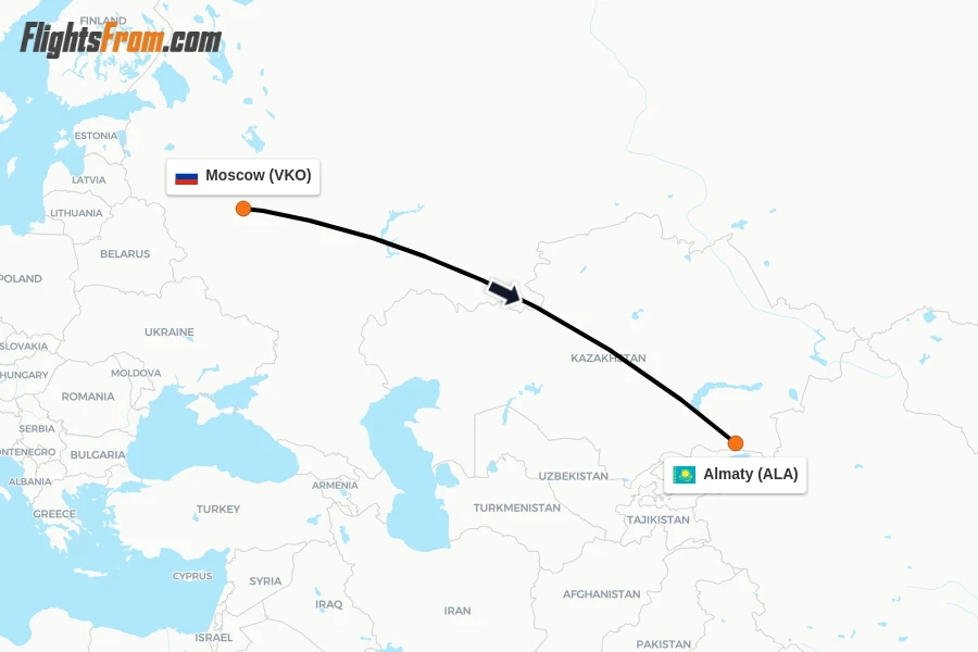 Flights from Moscow to Almaty route map