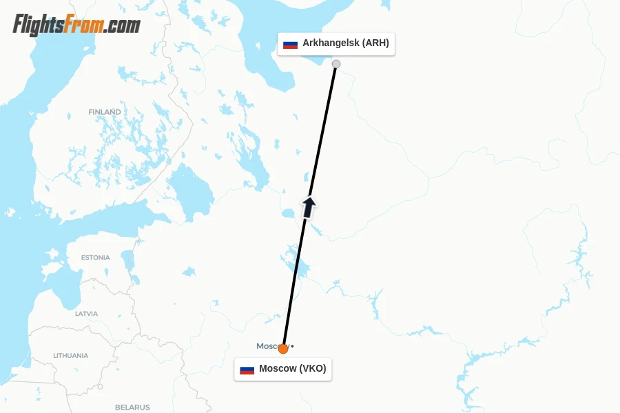 Flights from Moscow to Arkhangelsk route map