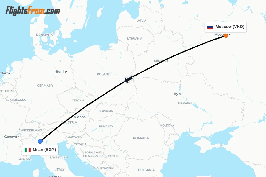 Flights from Moscow to Milan route map