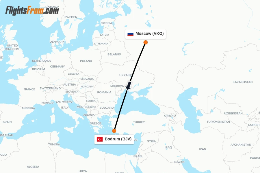 Flights from Moscow to Bodrum route map