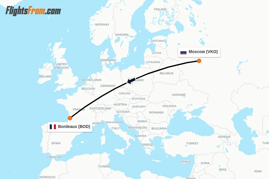 Flights from Moscow to Bordeaux route map