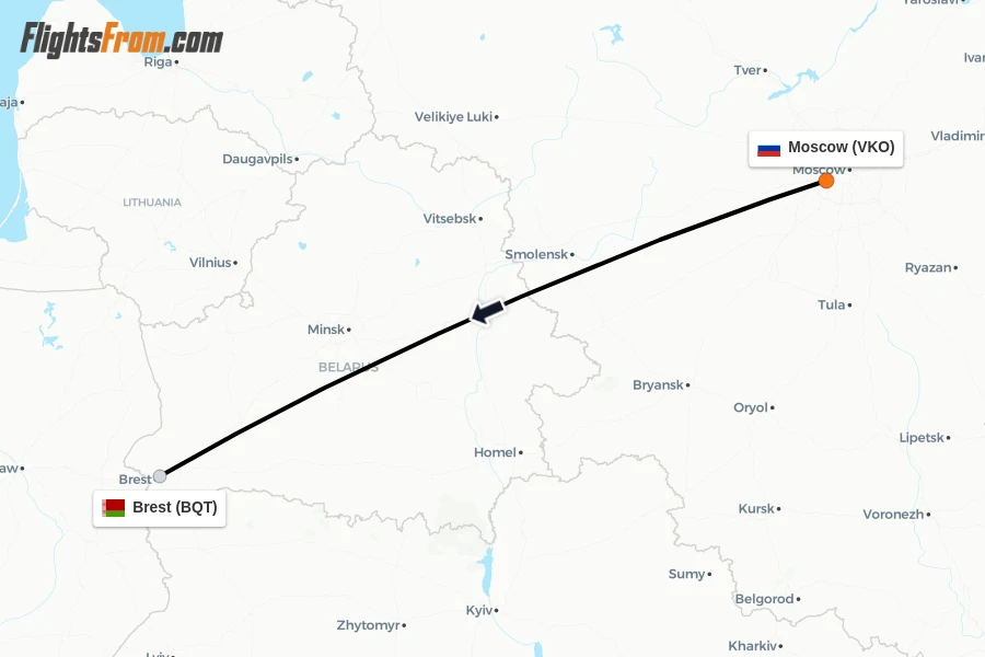Flights from Moscow to Brest route map