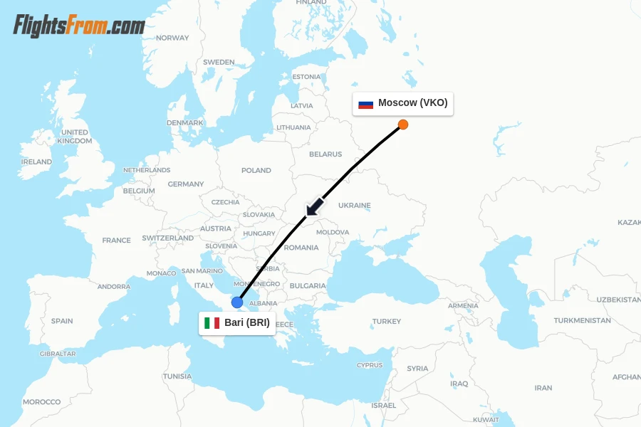 Flights from Moscow to Bari route map
