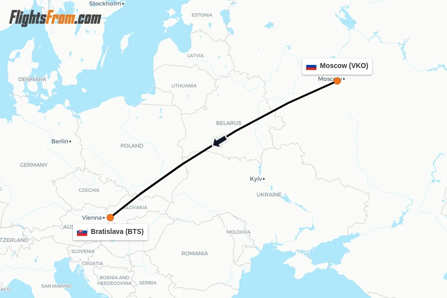 Flights from Moscow to Bratislava route map