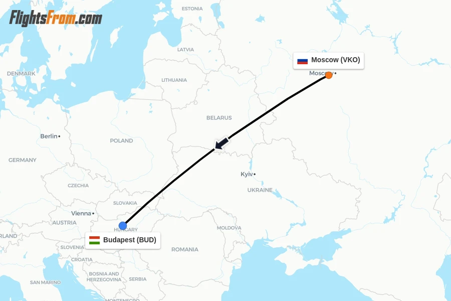 Flights from Moscow to Budapest route map