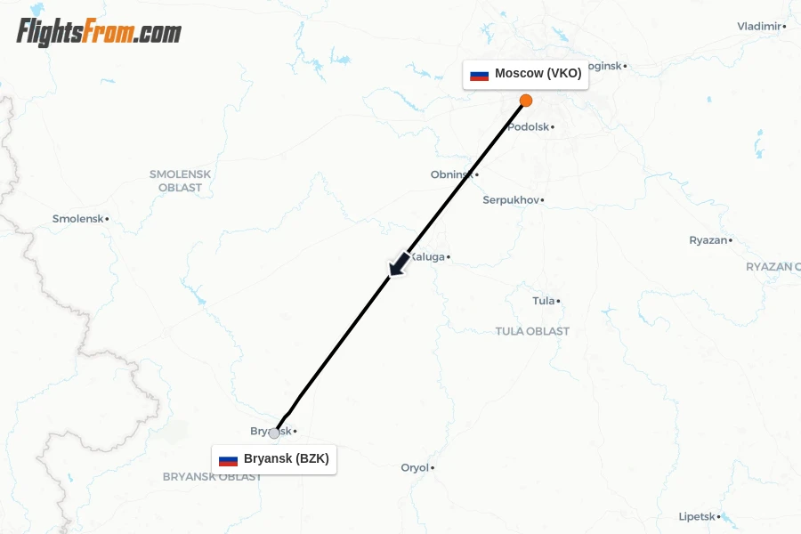 Flights from Moscow to Bryansk route map