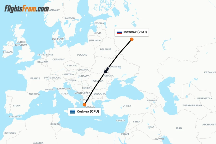 Flights from Moscow to Kerkyra route map