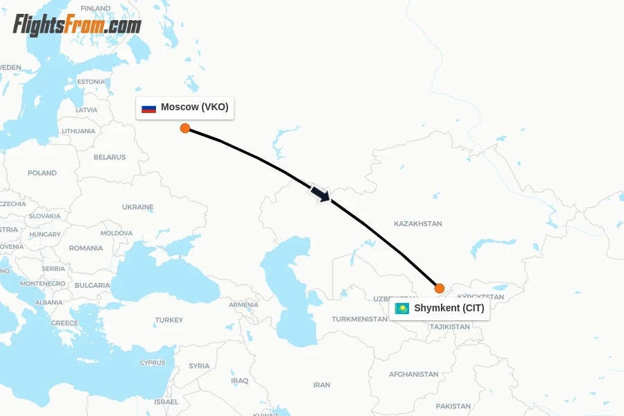 Flights from Moscow to Shymkent route map