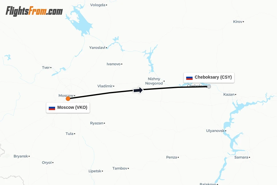 Flights from Moscow to Cheboksary route map