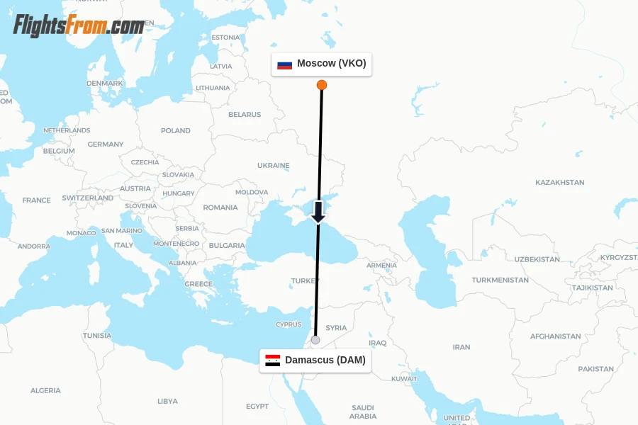 Flights from Moscow to Damascus route map
