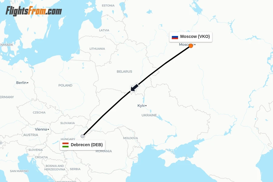 Flights from Moscow to Debrecen route map