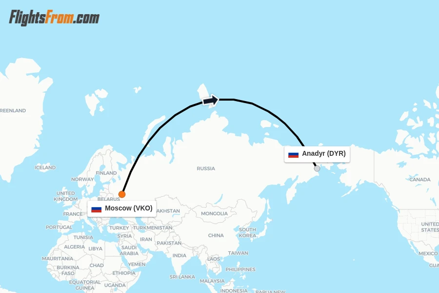 Flights from Moscow to Anadyr route map