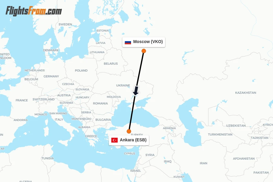 Flights from Moscow to Ankara route map