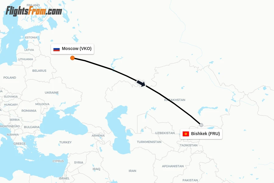 Flights from Moscow to Bishkek route map