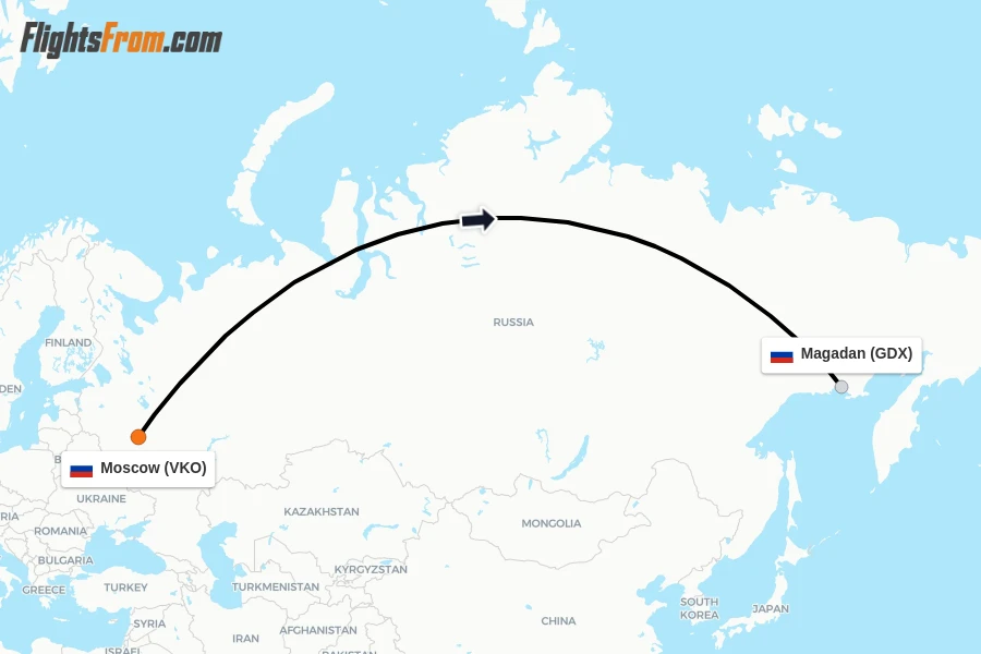 Flights from Moscow to Magadan route map