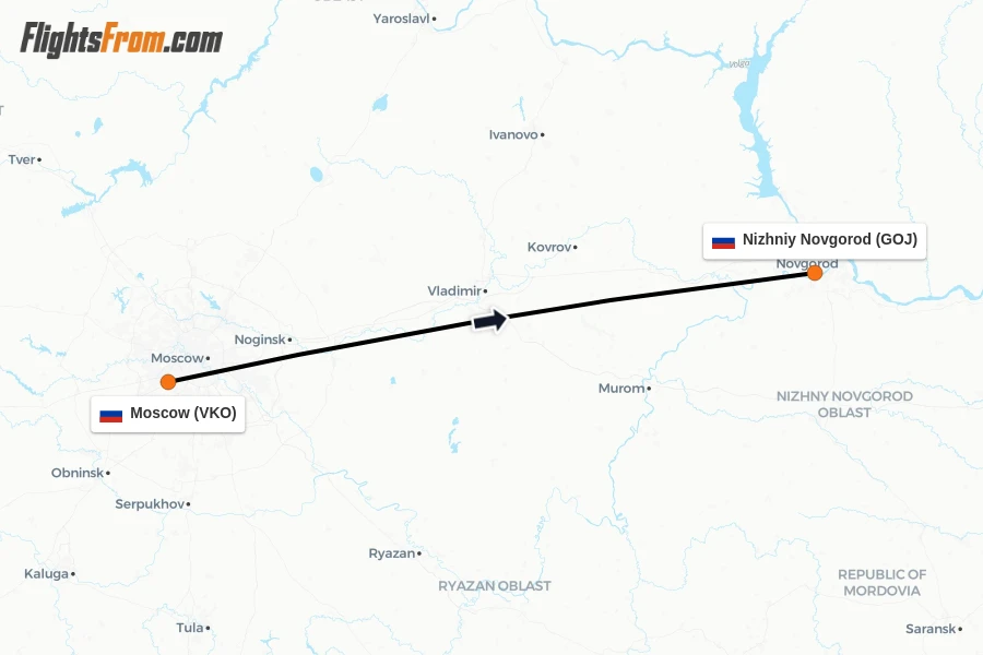 Flights from Moscow to Nizhniy Novgorod route map