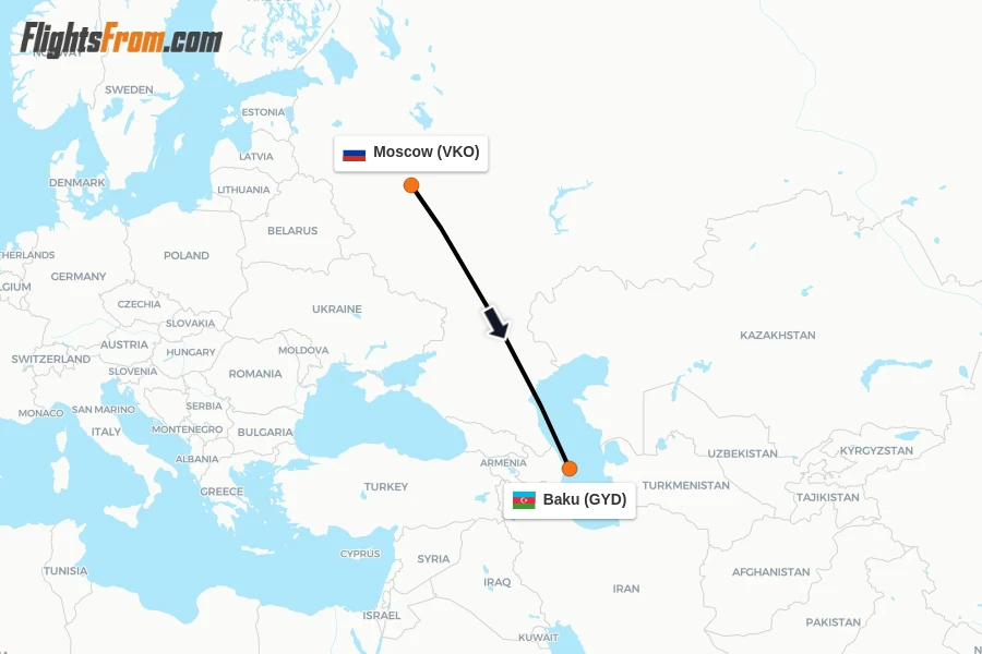 Flights from Moscow to Baku route map