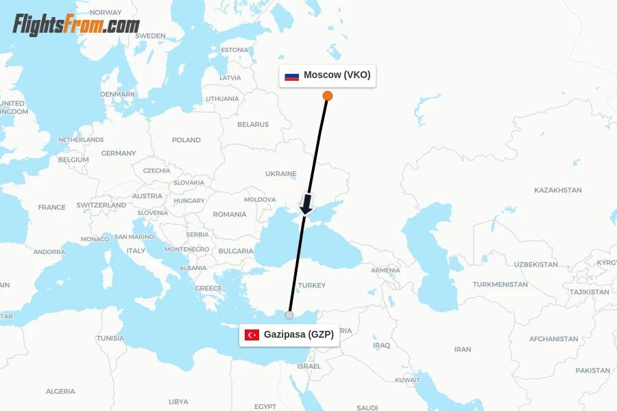 Flights from Moscow to Gazipasa route map