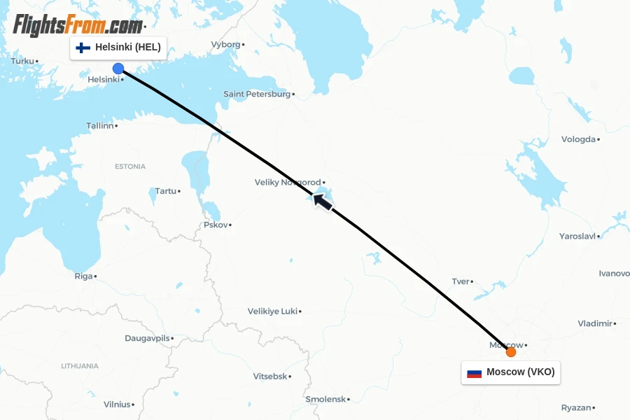 Flights from Moscow to Helsinki route map