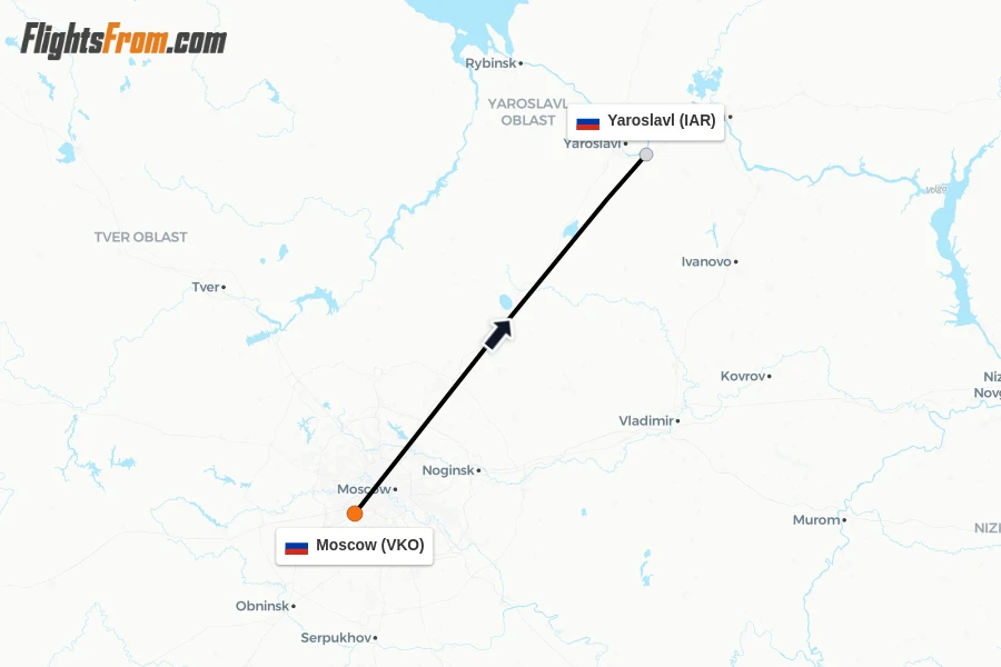Flights from Moscow to Yaroslavl route map