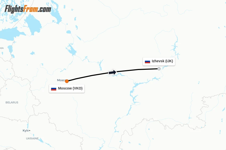 Flights from Moscow to Izhevsk route map