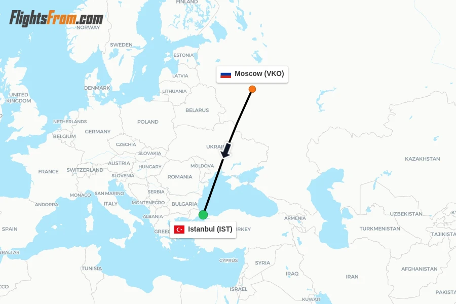 Flights from Moscow to Istanbul route map
