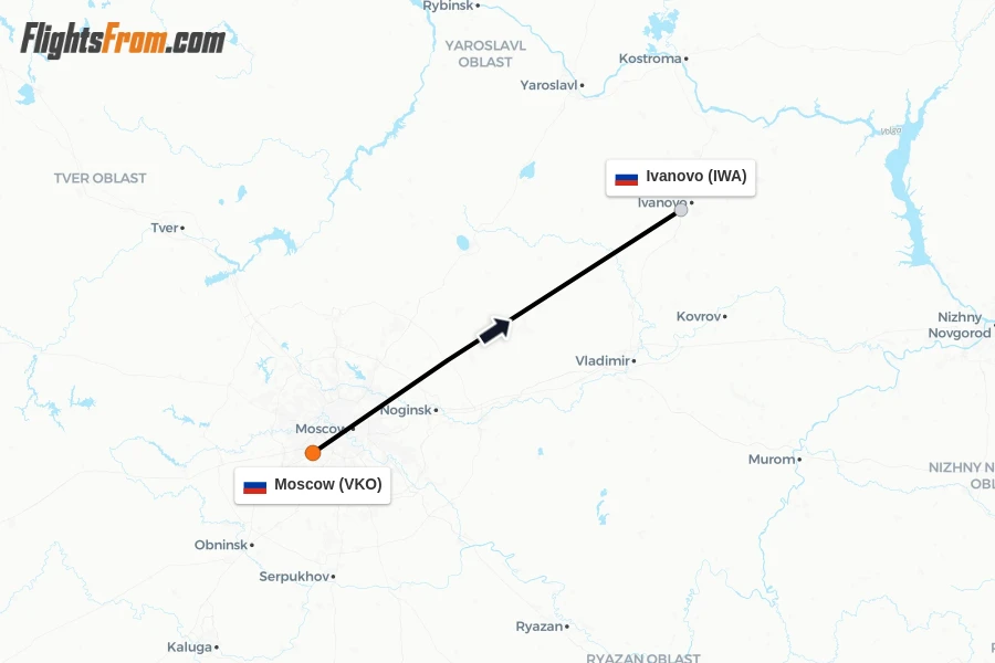 Flights from Moscow to Ivanovo route map