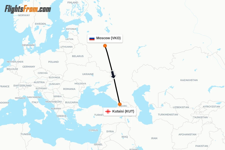 Flights from Moscow to Kutaisi route map