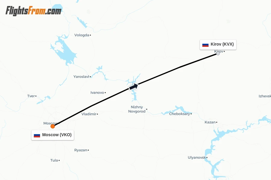 Flights from Moscow to Kirov route map