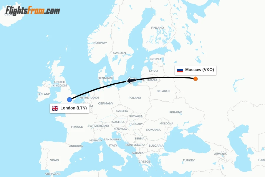 Flights from Moscow to London route map