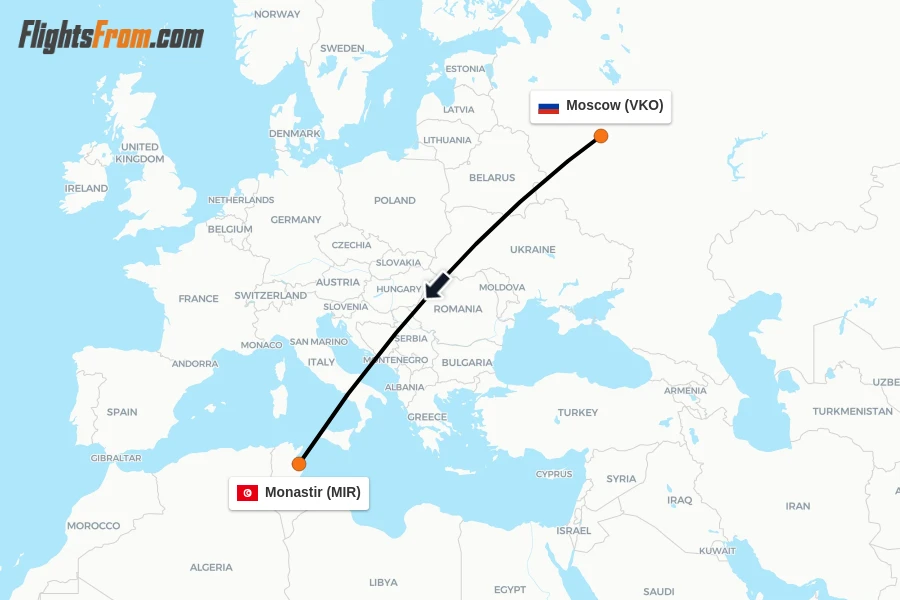 Flights from Moscow to Monastir route map