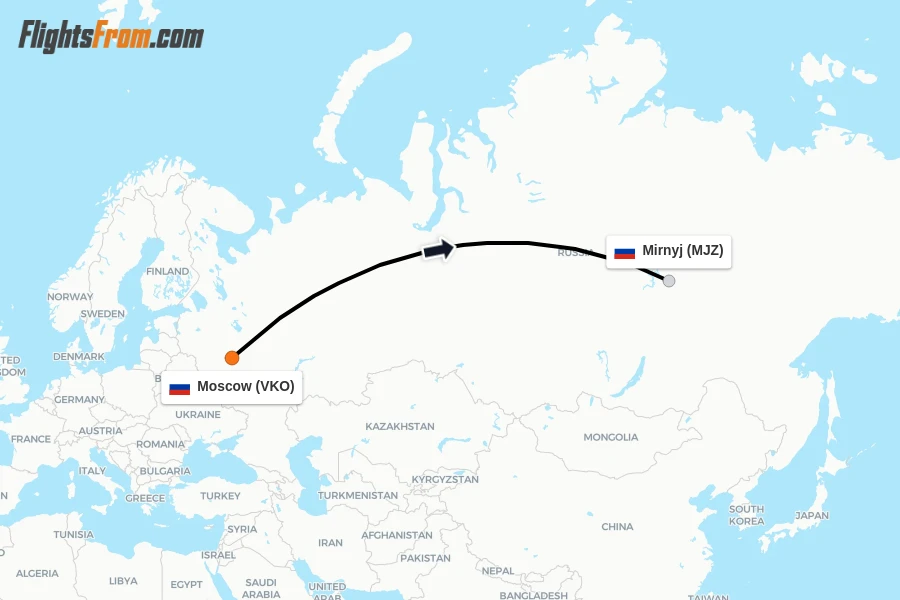Flights from Moscow to Mirnyj route map