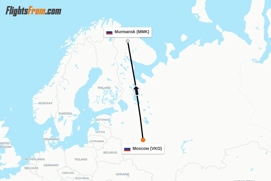 Flights from Moscow to Murmansk route map