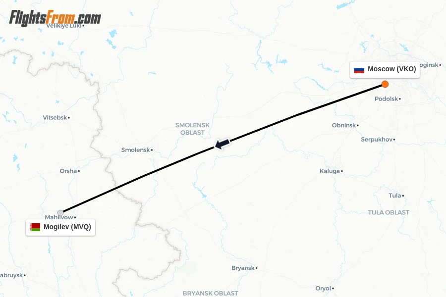 Flights from Moscow to Mogilev route map