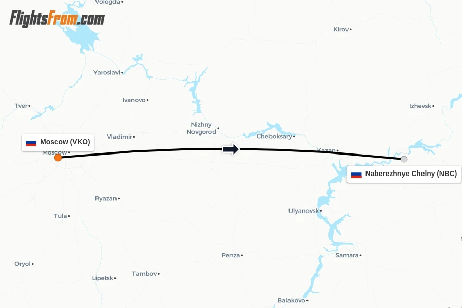 Flights from Moscow to Naberezhnye Chelny route map
