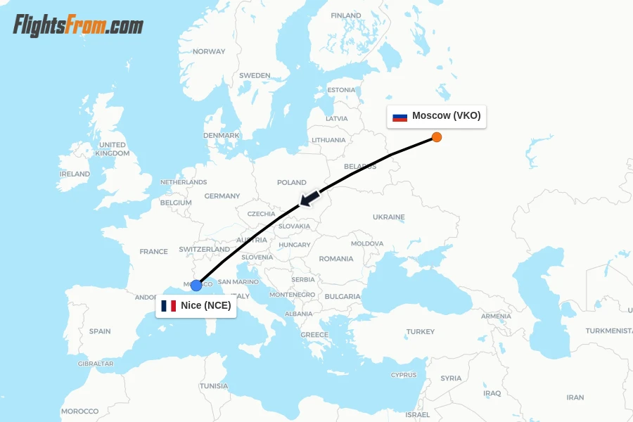 Flights from Moscow to Nice route map
